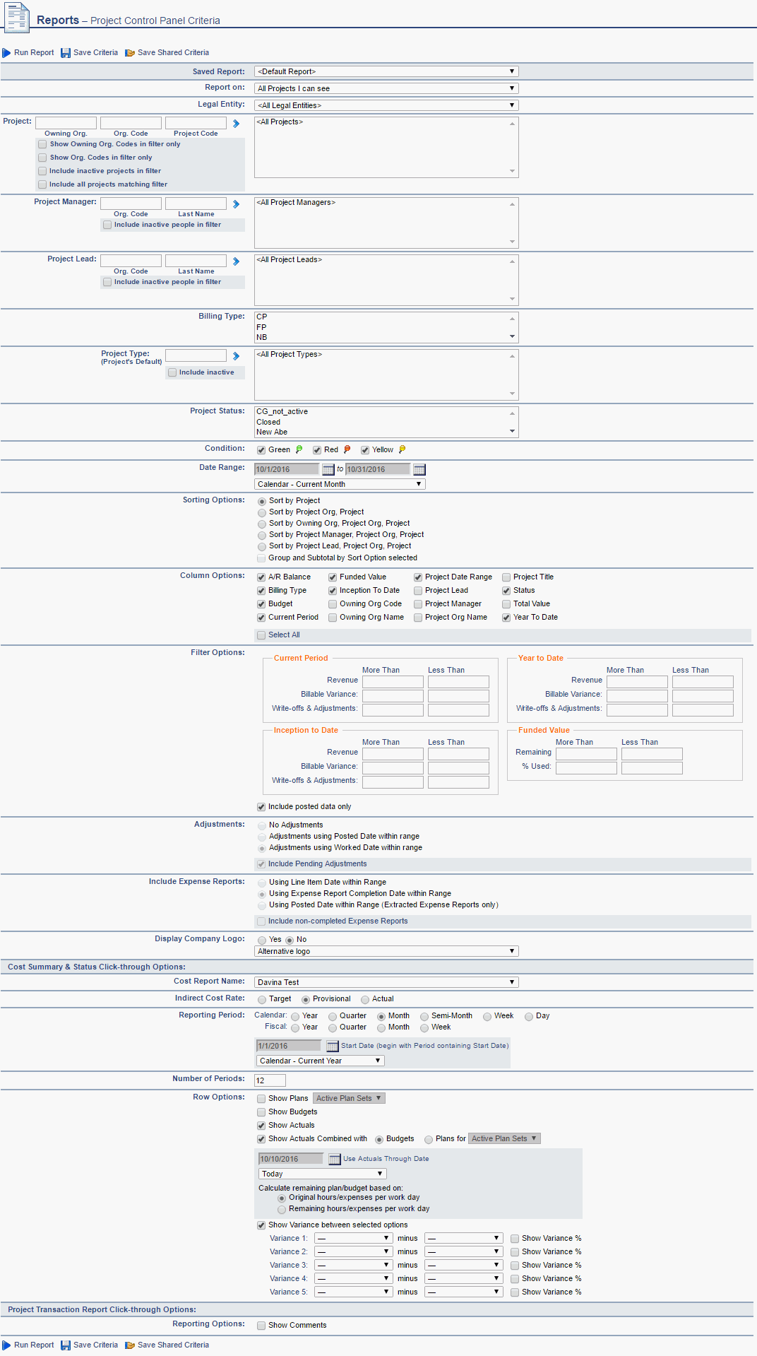 Project Control Panel Report